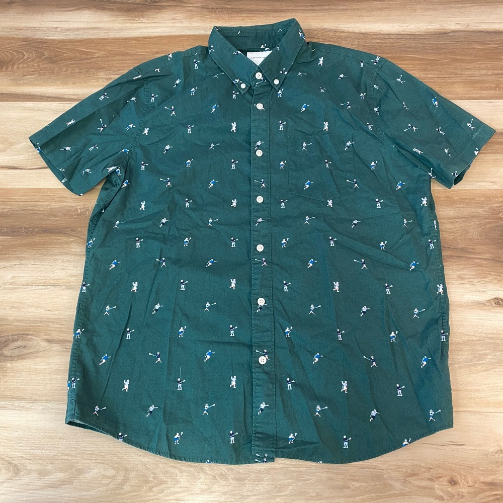 American Eagle Shirt Mens Large Button Down Short Sleeve Green Lacrosse‎ Print